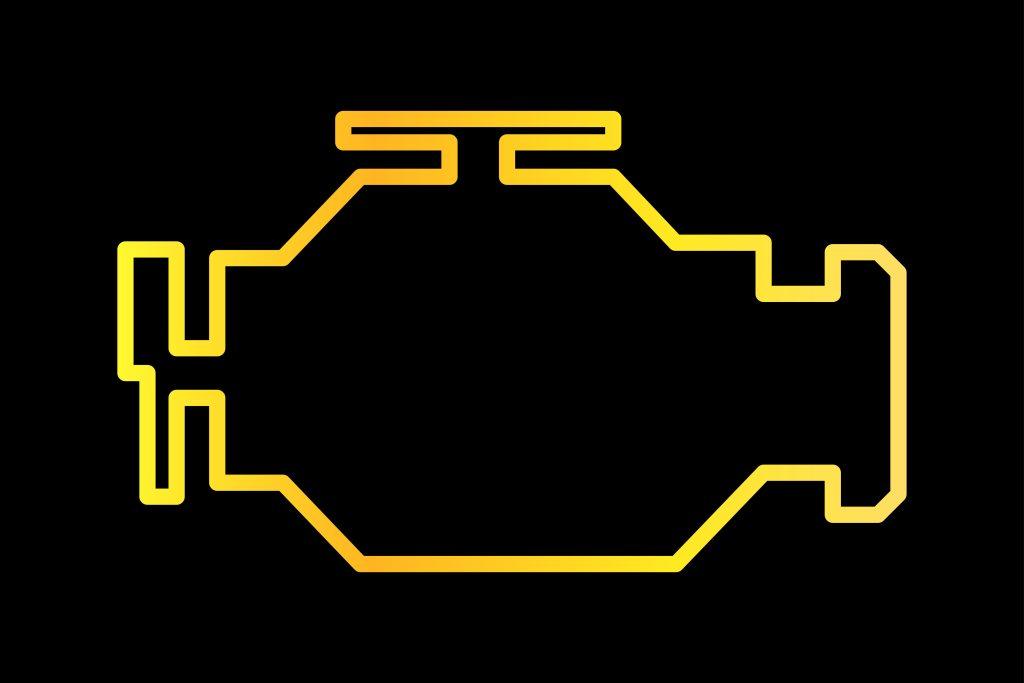 Malfunction Indicator Icon On Car Dashboard. Check Engine Light. Gauge Shows Broken Motor. Isolated Vector Image Of An Indicator On A Black Background.